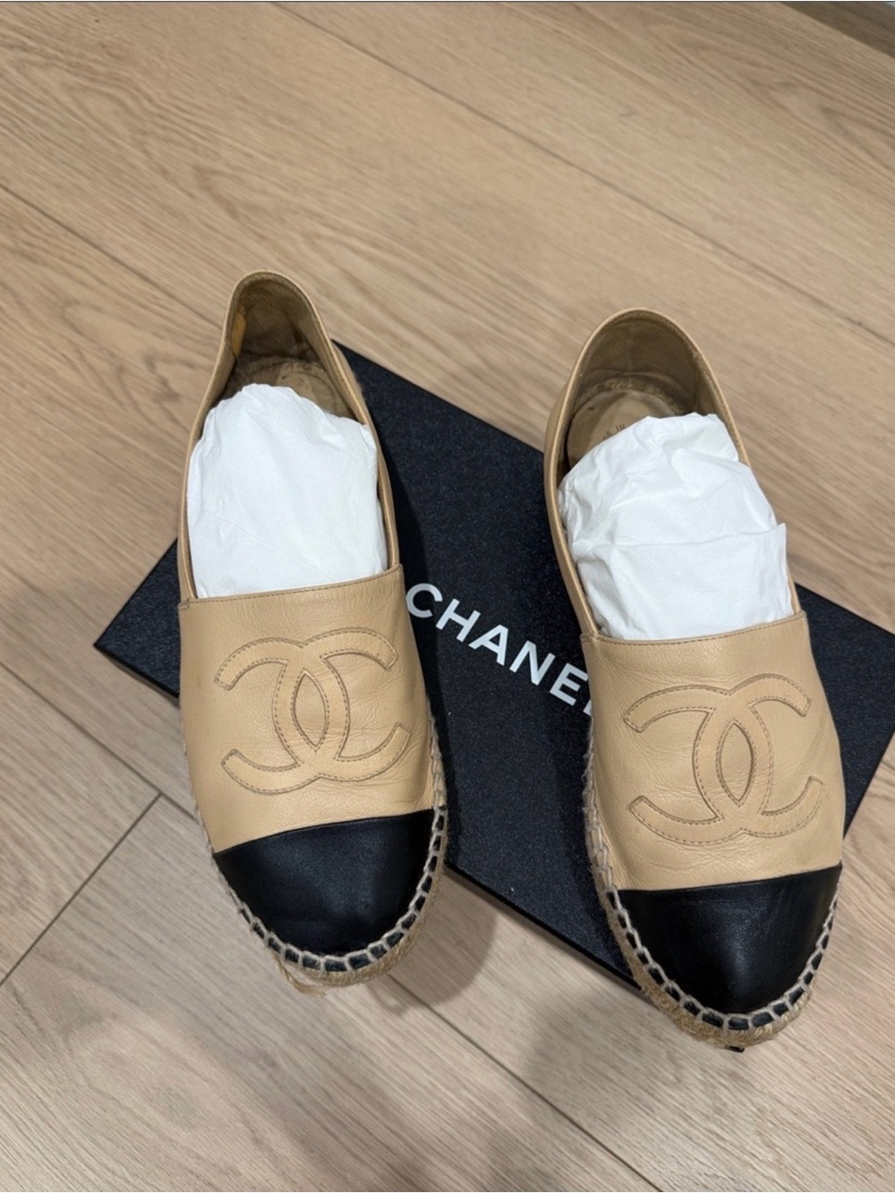 CHANEL Beige Leather Espadrilles with Black Cap Toe
